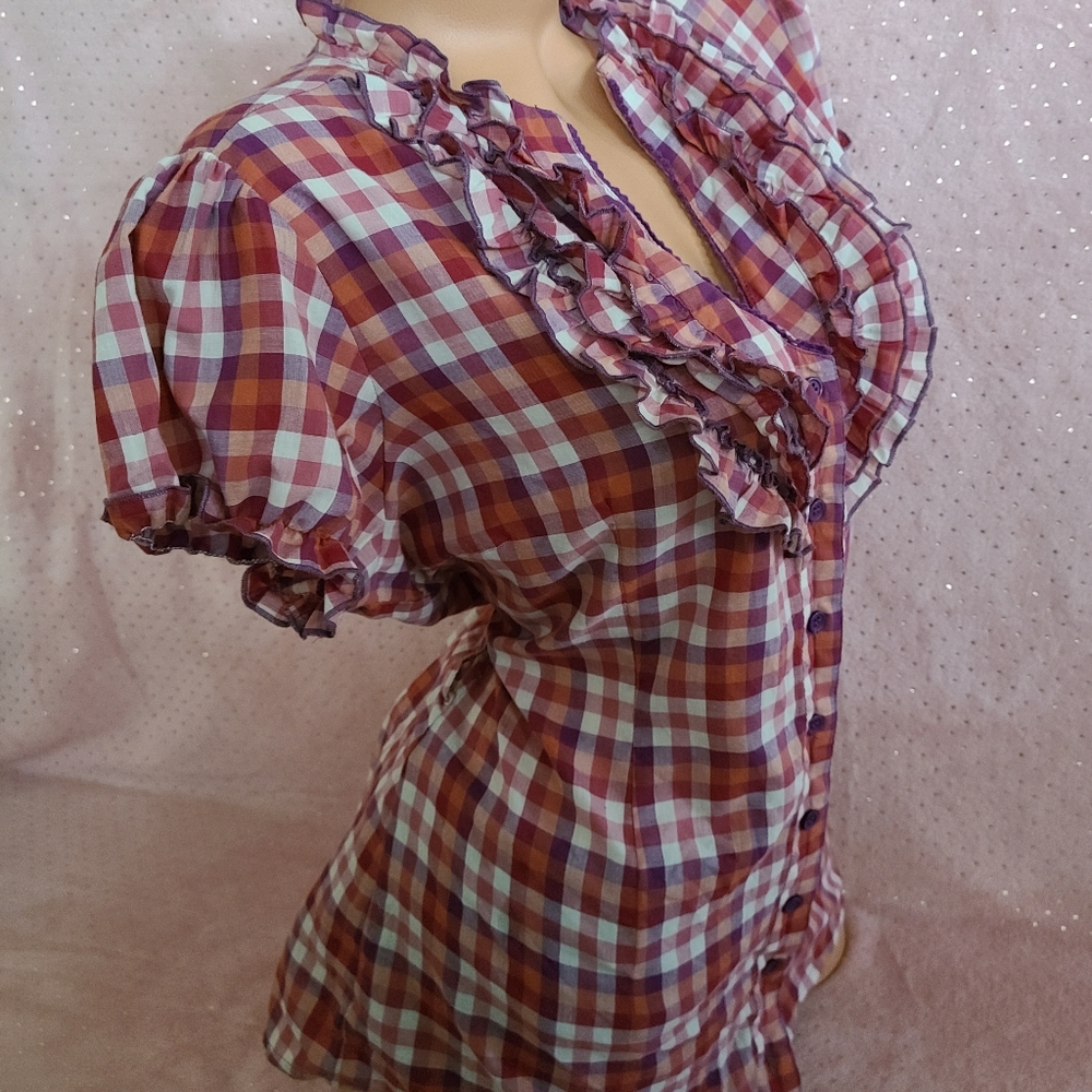 Max Rave Ruffle Front Buttin Down Plaid Shirt ♡ - Picture 2 of 3